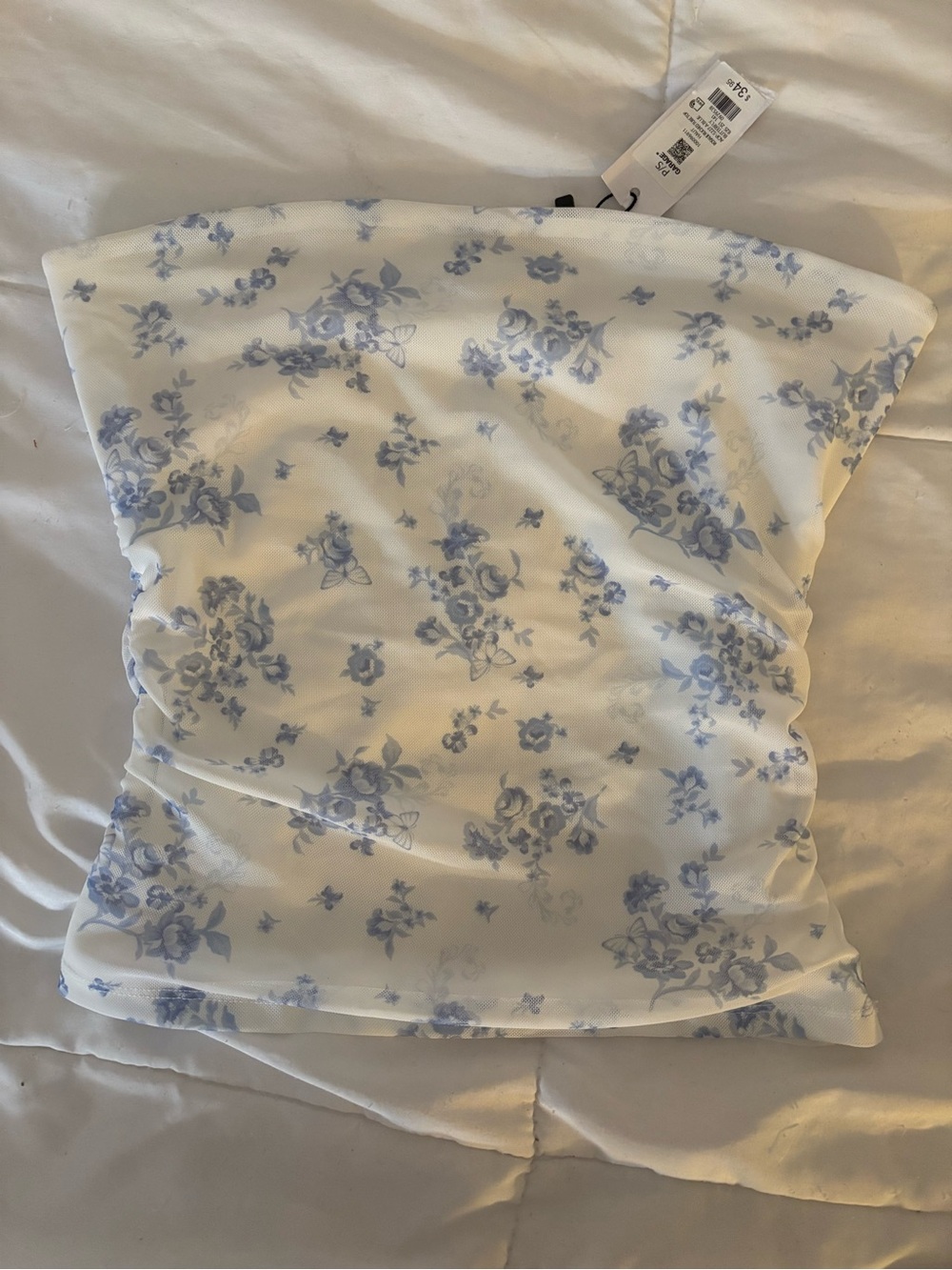 Garage Floral Print Tube Top - White with Blue Flowers
